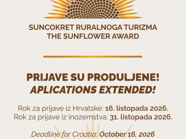 Produljen rok za prijavu na Natječaj „SUNCOKRET RURALNOGA TURIZMA – THE SUNFLOWER AWARD“ za 2026. godinu